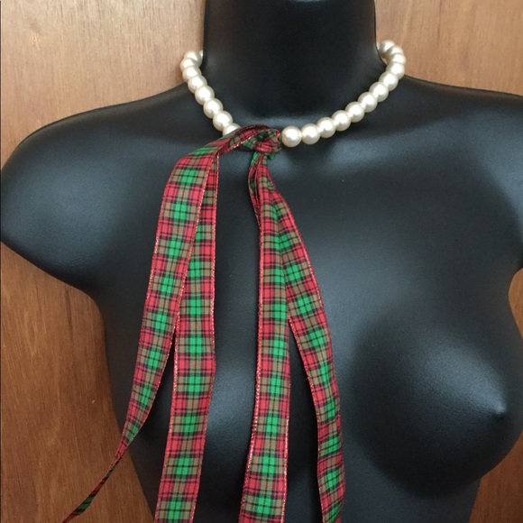 Faux Pearl Plaid Ribbon Double Tie Necklace - Picture 3 of 4